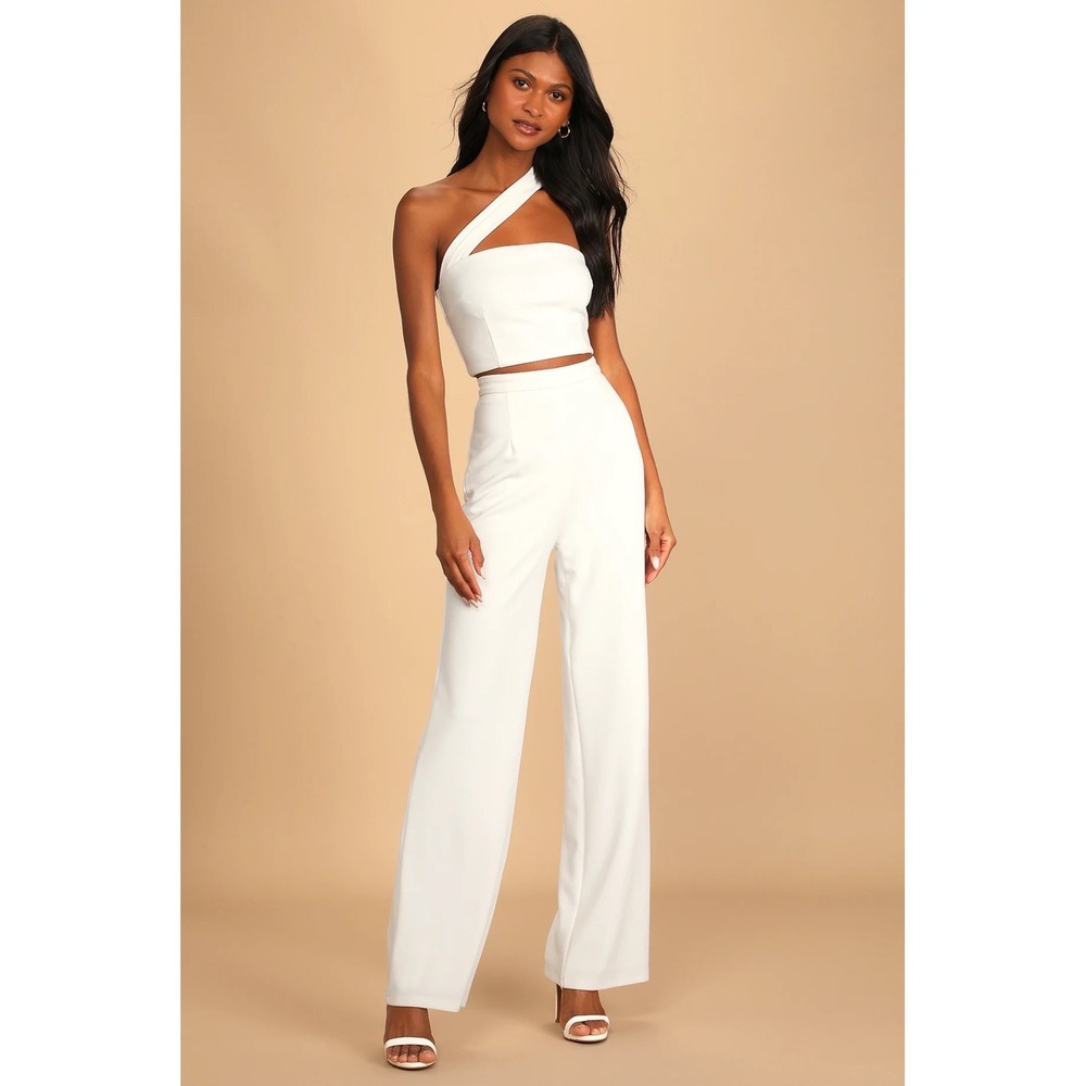 Lulus Flaunt It Like That Winter White One Shoulder Crop Top Wide Leg Pant Set L